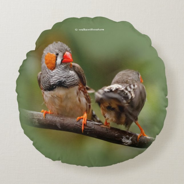Cheeky Zebra Finches Songbirds on Branch Round Cushion (Front)