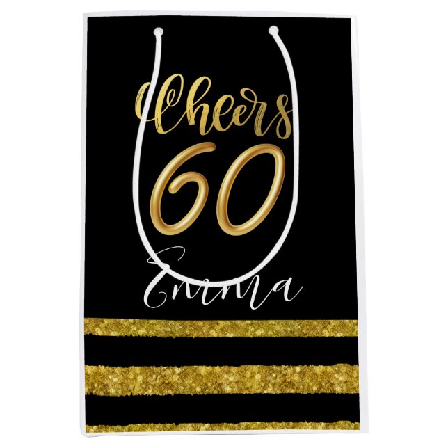Cheer 60 for 60th Birthday black and gold theme  Medium Gift Bag (Front)