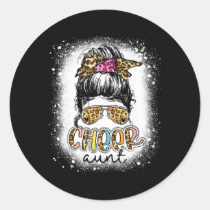 Cheer Aunt Leopard Messy Bun Cheerleader Mothers D Classic Round Sticker