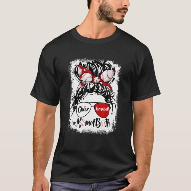 Cheer Baseball Mum Of Both Messy Bun Hair Glasses T-Shirt (Front)