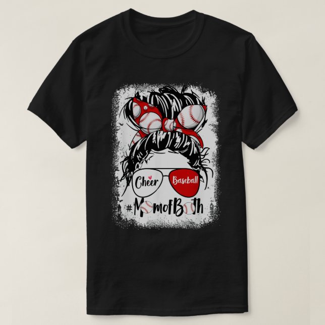 Cheer Baseball Mum Of Both Messy Bun Hair Glasses  T-Shirt (Design Front)