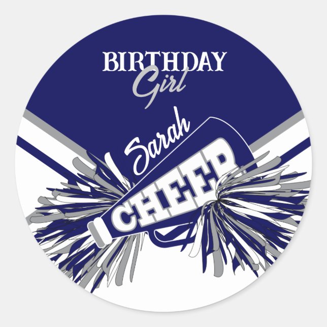 Cheer Birthday - Navy Blue, Grey and White Classic Round Sticker (Front)