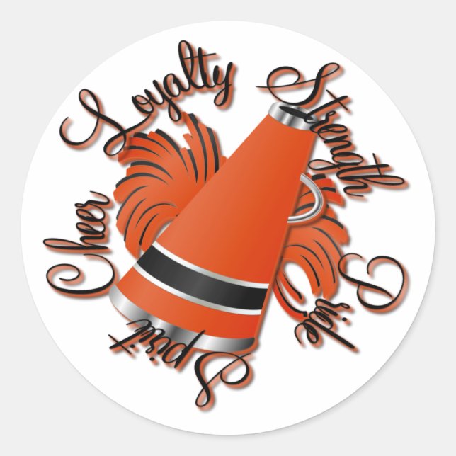 Cheer Black and Orange Qualities Classic Round Sticker (Front)