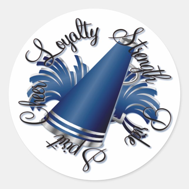 Cheer Blue and Silver Qualities Classic Round Sticker (Front)