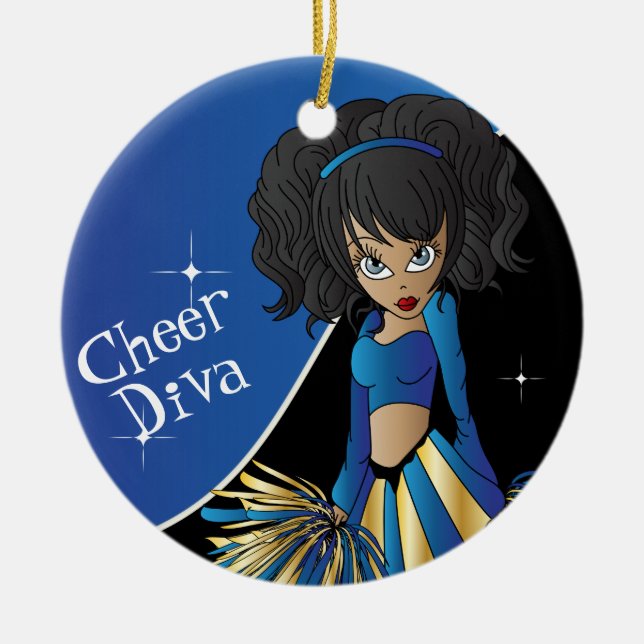 Cheer Blue Cheerleader Diva Girl Ceramic Tree Decoration (Front)