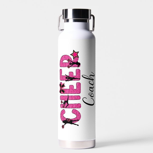 Cheer Coach Cheerleading Pink Glitter Personalised Water Bottle (Front)