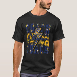 Cheer Coach Lightning Bolt Cheer Leopard Navy Gold T-Shirt
