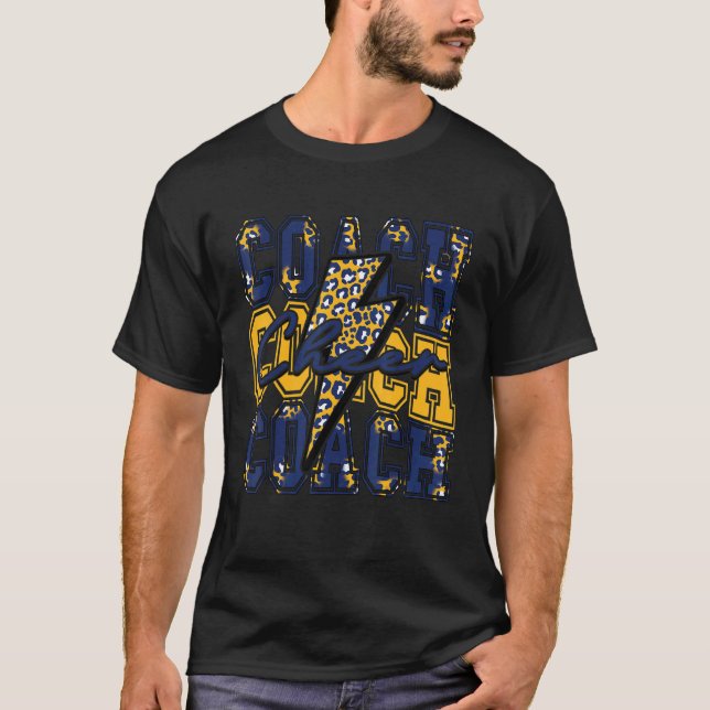Cheer Coach Lightning Bolt Cheer Leopard Navy Gold T-Shirt (Front)