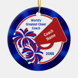 Cheer Coach Ornaments, Personalised Red White Blue Ceramic Tree Decoration
