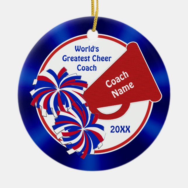 Cheer Coach Ornaments, Personalised Red White Blue Ceramic Tree Decoration (Front)