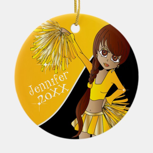 Cheer  📣💖 Golden Yellow Cheerleader Girl Ceramic Tree Decoration (Front)