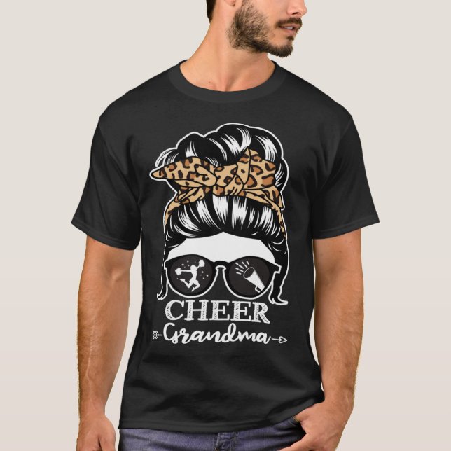 Cheer Grandma Messy Bun Hair  Cheerleader Leopard T-Shirt (Front)