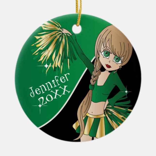 Cheer 📣💖 Green Cheerleader Girl Ceramic Tree Decoration (Front)