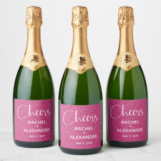 CHEER Hot Pink Glitter Wedding Sparkling Wine Labe Sparkling Wine Label (Bottles)
