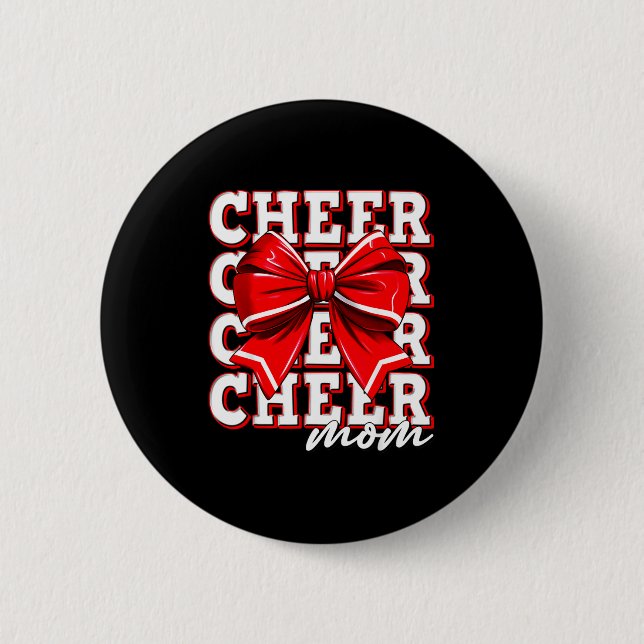 Cheer Mom Cheerleader Bow Biggest Fan Red Team  6 Cm Round Badge (Front)