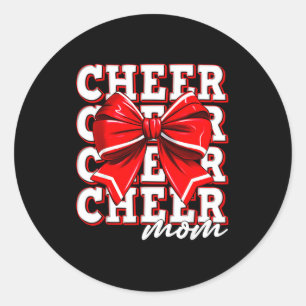 Cheer Mom Cheerleader Bow Biggest Fan Red Team  Classic Round Sticker
