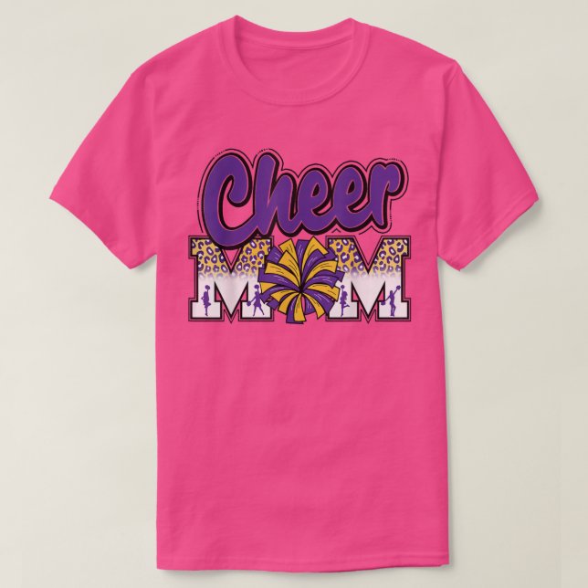 Cheer Mom Purple Gold Leopard Letters Cheer Pom Po T-Shirt (Design Front)