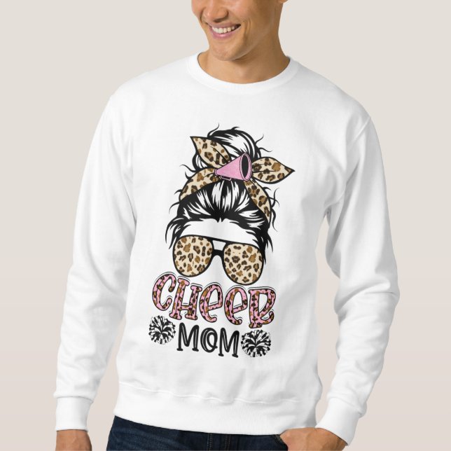 Cheer Mum Leopard Messy Bun Cheerleader Funny Moth Sweatshirt (Front)