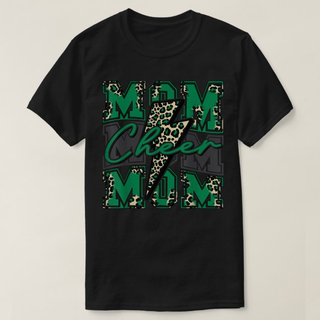 Cheer Mum Lightning Bolt Cheer Leopard Light Green T-Shirt (Design Front)