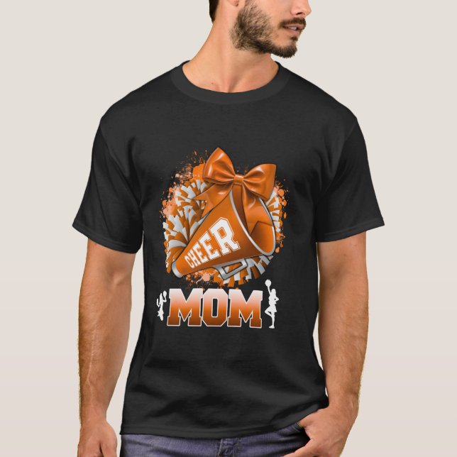 Cheer Mum Orange Pom Pom Megaphone Coquette Bow Ch T-Shirt (Front)