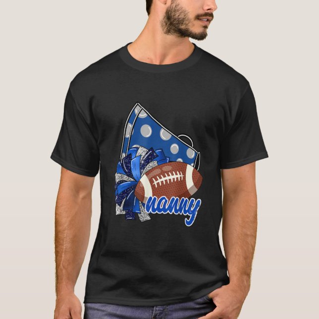 Cheer Nanny Megaphone Pom Pom Football Blue  T-Shirt (Front)
