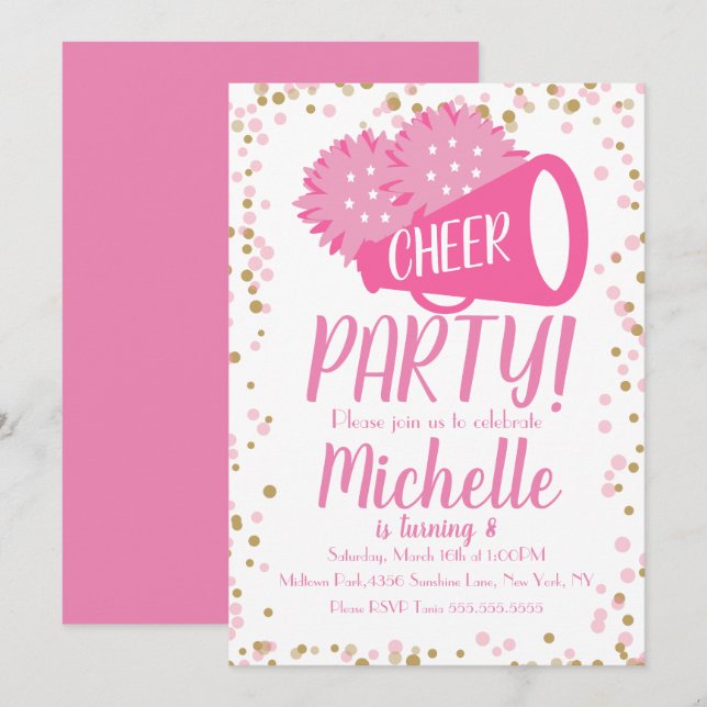Cheer Party Cheerleading Birthday Pink Confetti In Invitation (Front/Back)