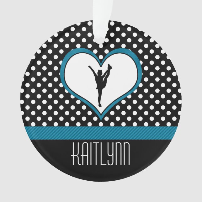 Cheer Polka-Dotted Heart in Teal Blue Ornament (Front)