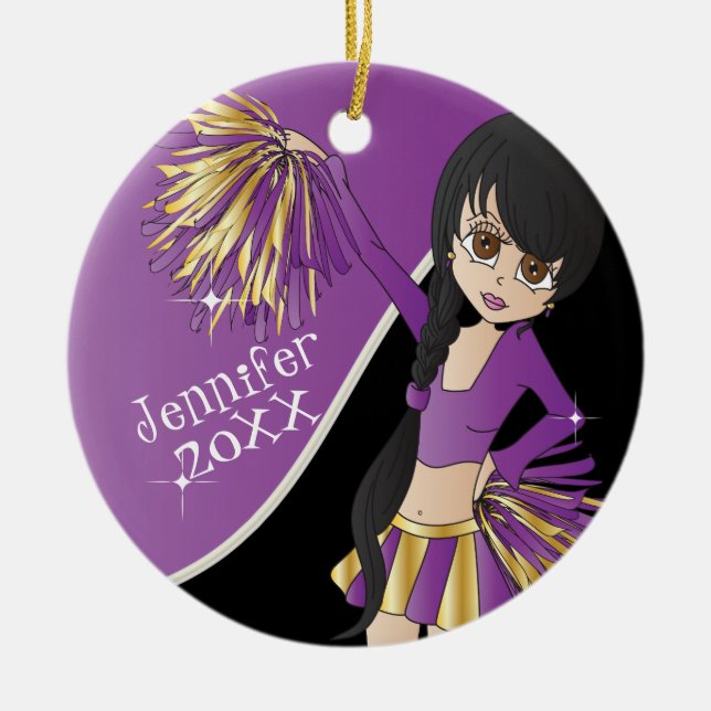 Cheer 📣💖 Purple Cheerleader Girl Ceramic Tree Decoration (Front)