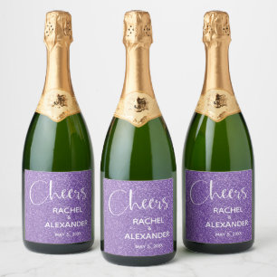 CHEER Purple Glitter Wedding Sparkling Wine Labels