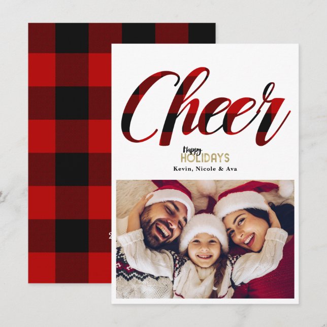 CHEER Red Plaid Christmas Holiday Photo Card (Front/Back)