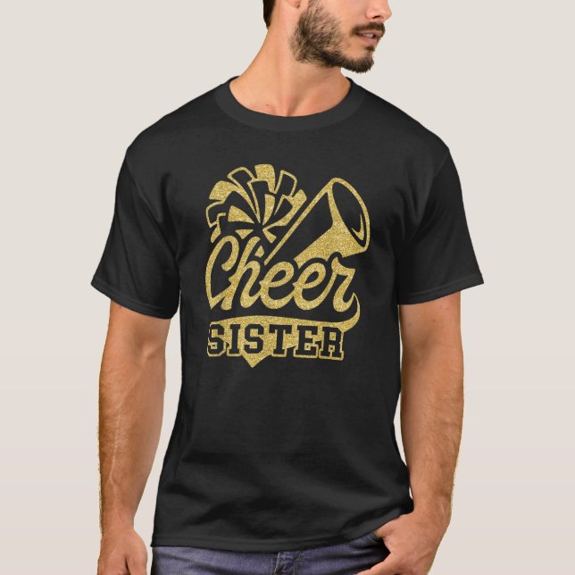 Cheer Sister Biggest Fan Black Yellow Gold Pom Pom T-Shirt (Front)