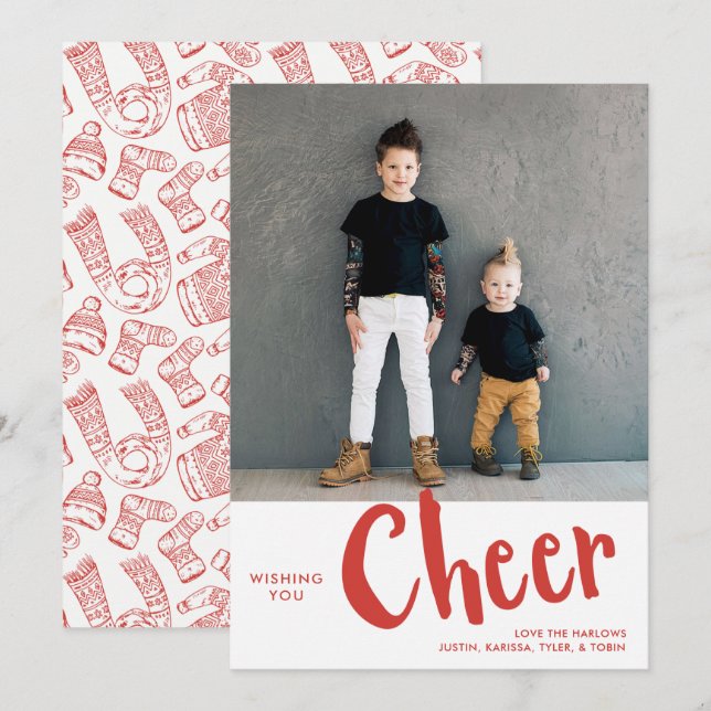 Cheer | Sweater Pattern Christmas Photo Red Holiday Card (Front/Back)