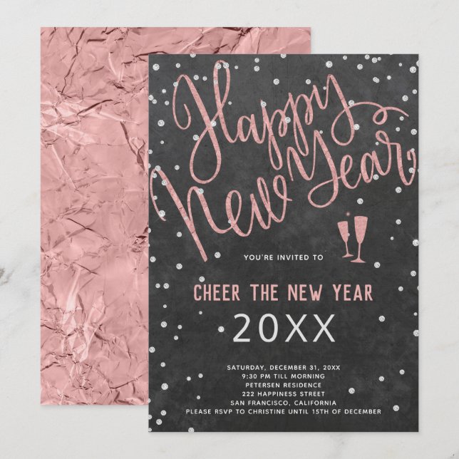 Cheer the New Year Rose Gold Chalkboard Party Invitation (Front/Back)