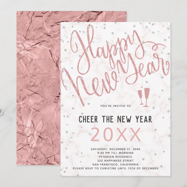 Cheer the New Year Rose Gold Marble Party Invitation (Front/Back)