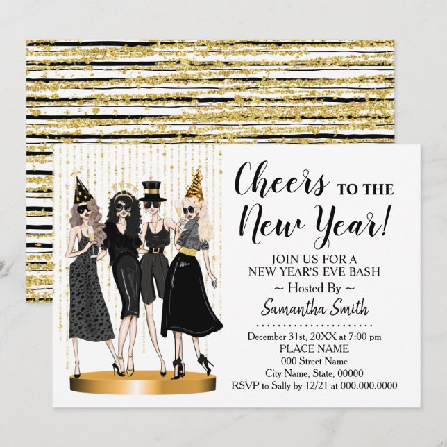 Cheer to the New Year Glitter Girls Night out Invitation (Front/Back)