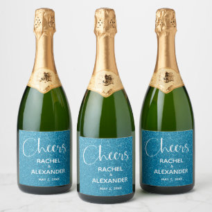 CHEER Turquoise Glitter Wedding Sparkling Wine Lab Label
