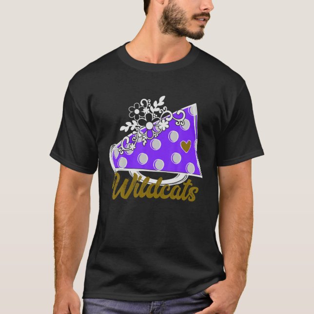Cheer WILDCATS , Purple Megaphone Heart Flower Acc T-Shirt (Front)