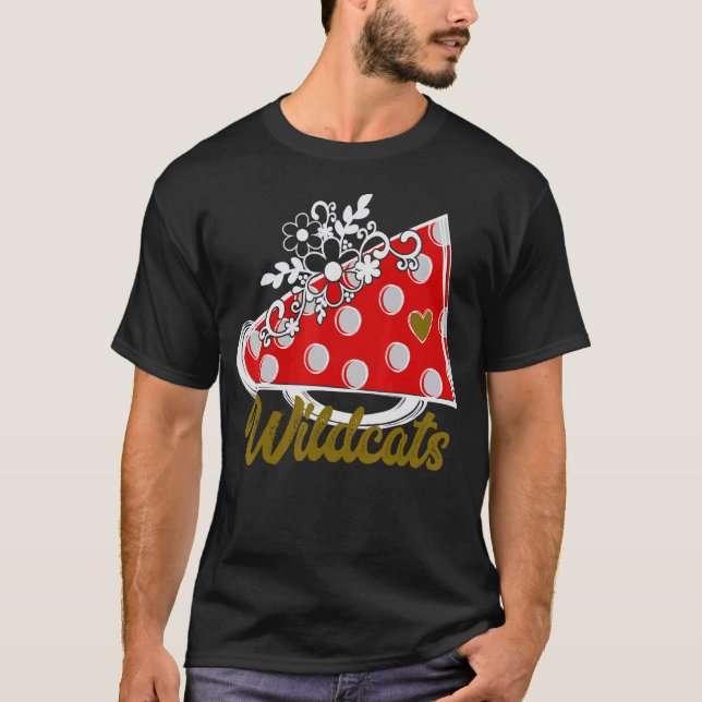 Cheer WILDCATS  Red Megaphone Heart Flower Accent T-Shirt (Front)