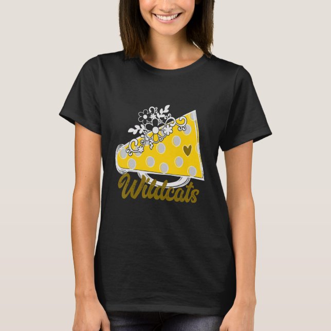Cheer WILDCATS  YELLOW Megaphone Heart Flower Acce T-Shirt (Front)