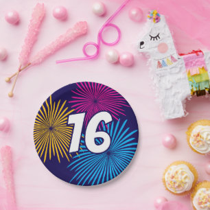 Cheerful 16th Birthday party fireworks custom Paper Plate