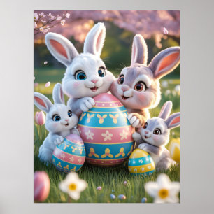 Cheerful 3D Bunny Family with an Easter Egg Poster