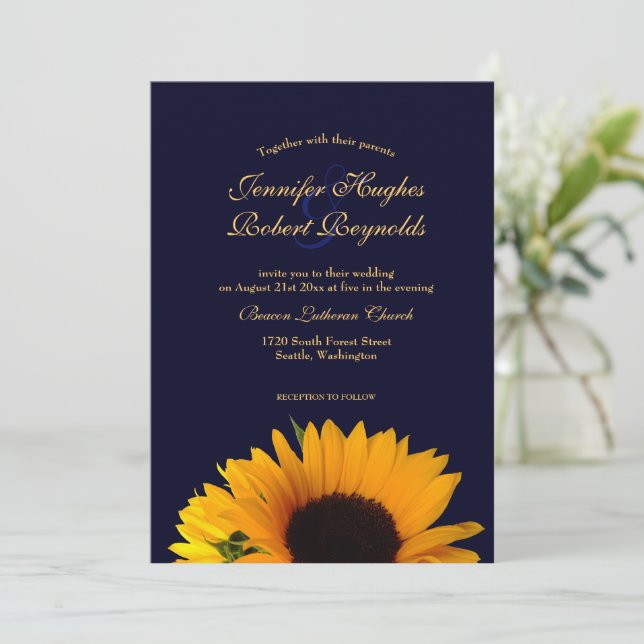 Cheerful and Elegant Navy Blue Sunflower Wedding Invitation (Standing Front)
