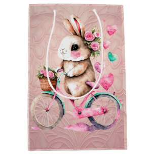 Cheerful and Romantic Bunny Rabbit on Bicycle Medium Gift Bag