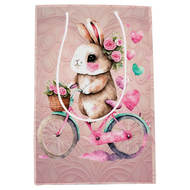 Cheerful and Romantic Bunny Rabbit on Bicycle Medium Gift Bag (Front)
