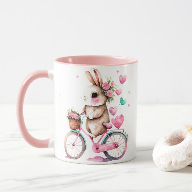 Cheerful and Romantic Bunny Rabbit on Bicycle Mug (With Donut)