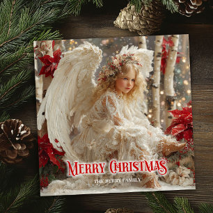 Cheerful angelic angel red gold festive magical  holiday card