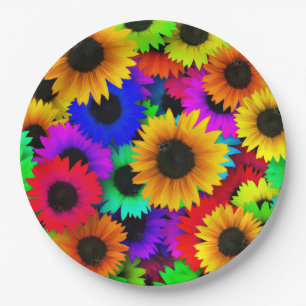 Cheerful Array of Colourful Sunflowers Paper Plate