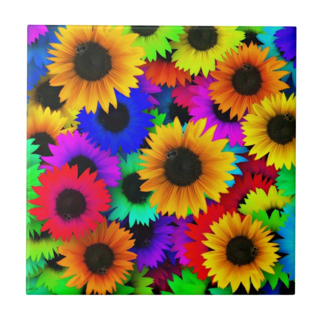 Cheerful Array of Colourful Sunflowers Tile (Front)