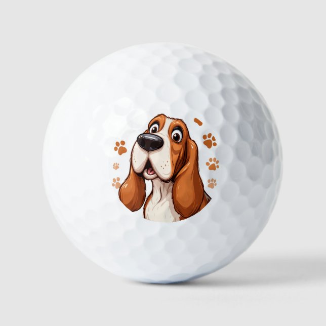 Cheerful Basset Dog with Orange Pawprints Golf Balls (Front)