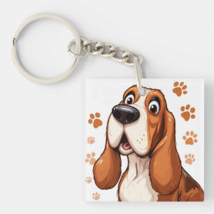 Cheerful Basset Dog with Orange Pawprints Key Ring